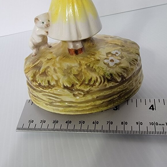 Musical Figurine Girl In Yellow With White Cat Schmid Welcher Vintage 70's - Picture 9 of 11
